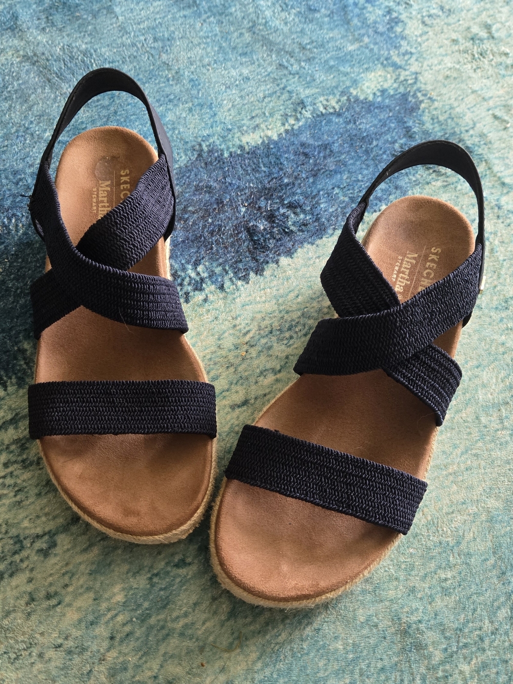 Skechers Navy Crisscross Elastic Wedge Sandals